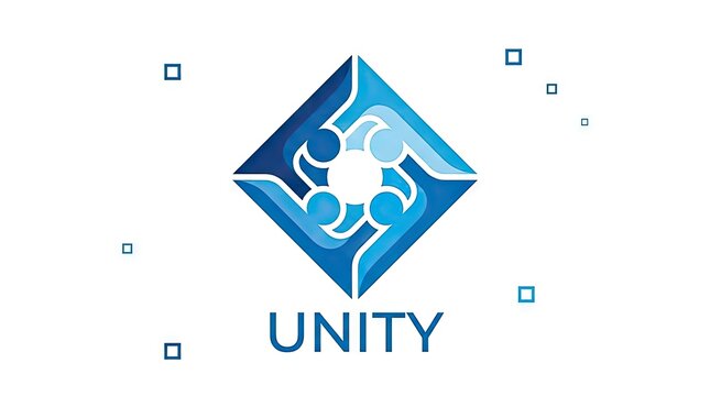 Blue square Unity logo with interlocking human figures.