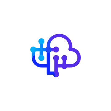 Modern cloud technology logo, blue and purple digital network icon, abstract data storage vector for tech software branding