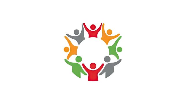 Diverse colorful figures holding hands in circular formation.