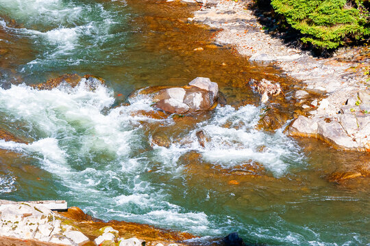 Tereblya river top view. water rocks on a sunny autumn day. Transcarpathian nature background. scenery in the forest of Synevyr national park