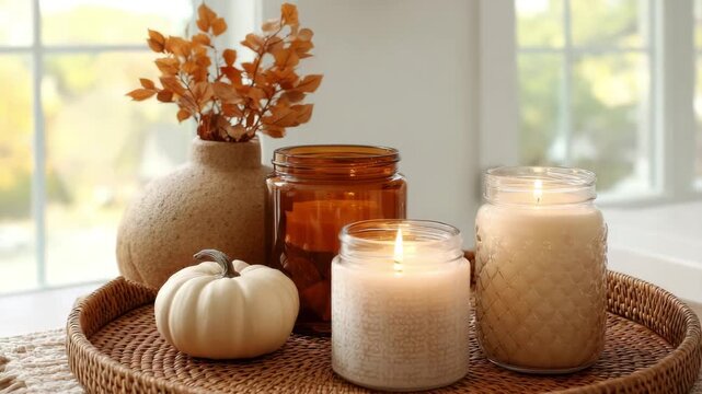 Cozy autumn kitchen decor with candles mini pumpkin and rustic vase arrangement Buy Affordable Fall Candles Concept of natural autumn wellness