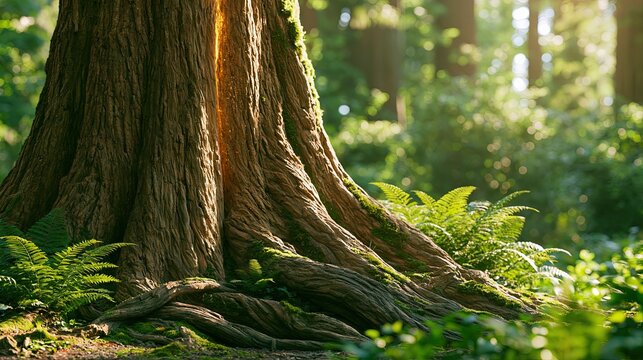Ancient Giant Tree Trunk with Moss and Ferns in Sunny Forest