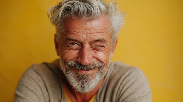 Closeup portrait of mature man with salt and pepper hair, textured beard, and confident wink against warm yellow background with clean studio lighting, with portrait, closeup, man, mature detail