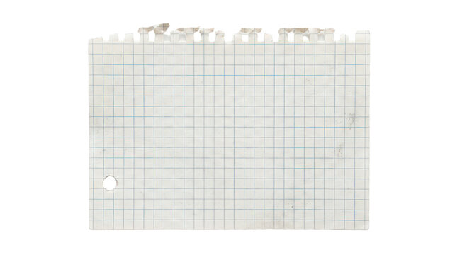 Graph paper sheet, torn notebook page with grid lines and binder hole. Squared paper texture for school and office design isolated on Transparent Background