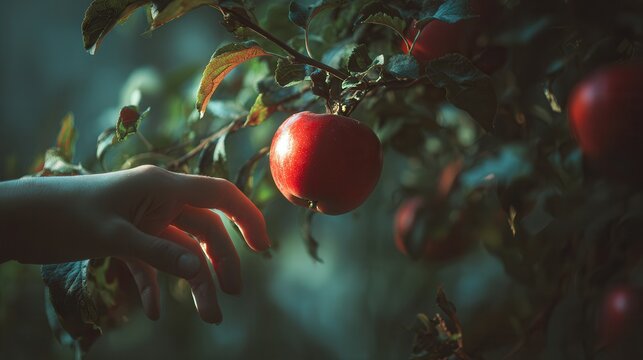 Hand reaching for glowing red apple on leafy tree branch in moody evening light, with soft backlighting, fresh green leaves, shallow depth of field, and harvest atmosphere