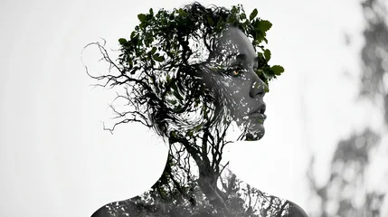 Double Exposure Portrait of a Woman Merged with Forest Leaves and Branches © vlntn