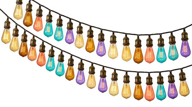 String of colorful vintage edison light bulbs isolated on transparent background