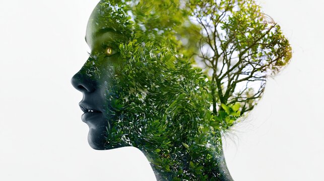 Surreal Double Exposure of a Woman Profile and Lush Green Forest