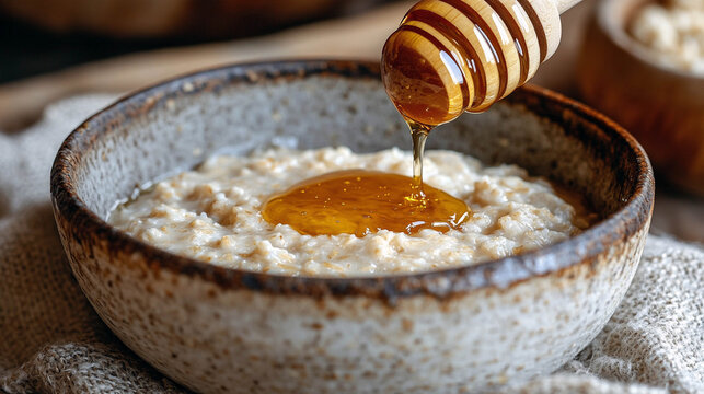 Warm Oatmeal With Golden Honey Drizzled From Wooden Dipper