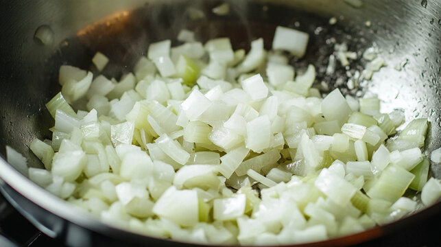 Diced White Onions Cooking in Stainless Steel Pan