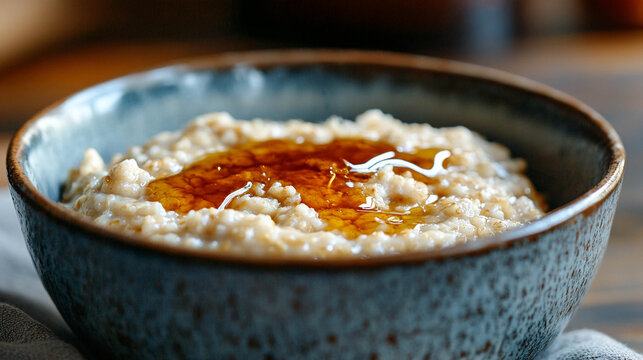 Warm Oatmeal Porridge with Honey in Rustic Ceramic Bowl