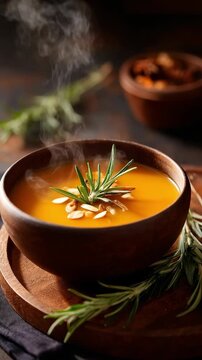 Creamy pumpkin soup with rosemary and cheese in wooden bowl on rustic table Spooky Pumpkin Soup Ideas concept of cozy autumn meal