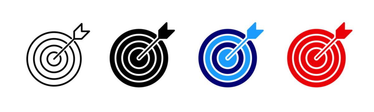 Target goal icon, archery target with dart arrow, victory business goals sign, darts bullseye sign, accuracy and focus for strategy and success
