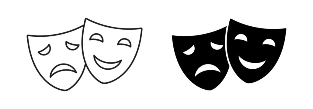Theater mask set icon with opposite reactions, masquerade comic and tragic masks