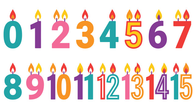 Colorful birthday cake candles numbered zero through fifteen for party celebrations.