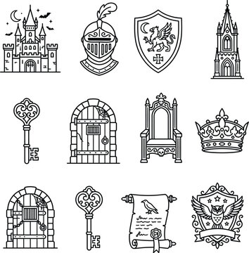 Medieval castle knight helmet shield and throne line illustrations on white background