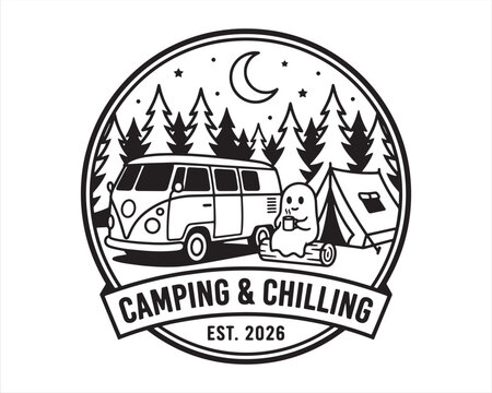 Camping and Chilling retro camping badge with cute ghost, camper van, tent, pine forest and moon vector illustration