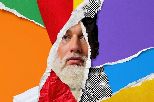 Portrait of a bearded Sinterklaas peering through ripped colorful paper