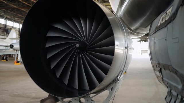 Large jet engine fan remains stationary as camera moves closer inside spacious aircraft hangar, revealing dark radial blades, metallic nacelle, nearby fuselage, and another aircraft behind