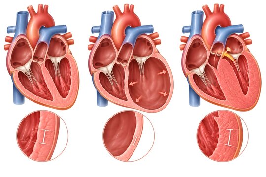 Cardiomyopathy dilated vs hypertrophic heart cross-section diagram, cardiology medical illustration