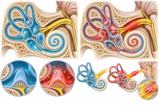 Labyrinthitis inner ear inflammation viral diagram, ENT neurology medical illustration