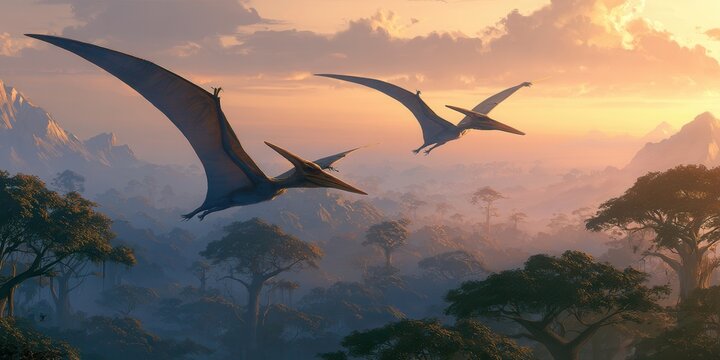 Two pterodactyls gliding over misty prehistoric rainforest at sunrise, warm backlight, layered mountain silhouettes, broad wings, atmospheric sky, dramatic natural scene