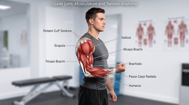 Upper limb musculature and tendon anatomy diagram, medical illustration of arm muscles on male athlete, human body physiology chart