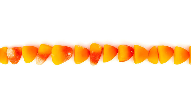 Row of orange and yellow candy corn pieces on white background.