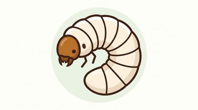 Minimalist beetle larva illustration, cute white grub worm icon, cartoon insect larva character for educational nature design