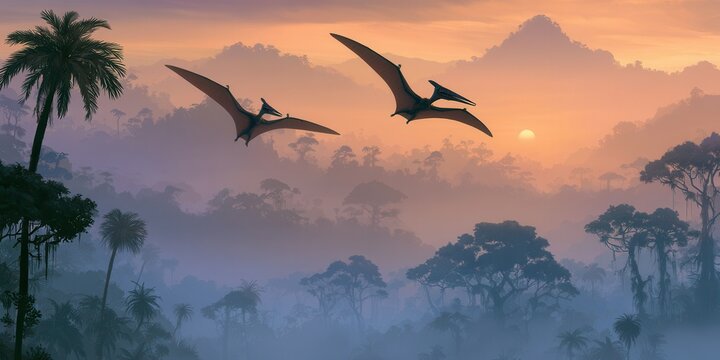 Two pterodactyls gliding over misty prehistoric rainforest at sunrise, warm backlight, layered mountain silhouettes, broad wings, atmospheric sky, dramatic natural scene