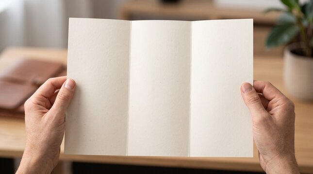 Person holding a blank trifold brochure mockup in a bright office space with blank paper hand holding branding identity design template printed document folded paper
