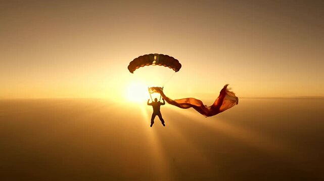 Silhouette of skydiver flying against setting sun.