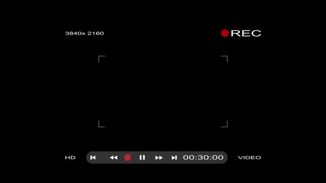 Camera recording and video interface animation with viewfinder, screen, lens, focus and zoom elements. Ideal for filmmaking and video production.