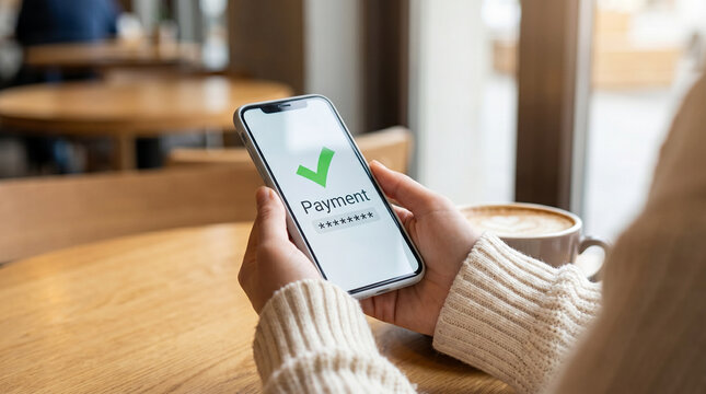 Successful Mobile Payment on Smartphone, Digital Transaction Confirmation and Secure Cashless Payment in Cafe