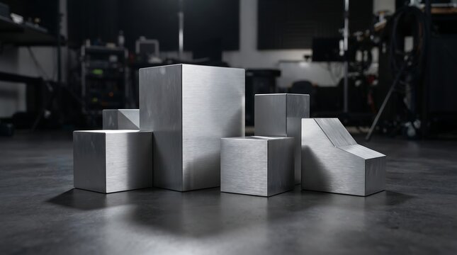 Set of various brushed aluminum metal blocks and geometric shapes arranged on a dark studio floor