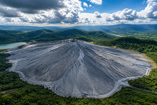 A vast, fan-shaped field of grey mine tailings contrasting with distant green hills.