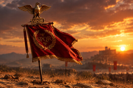 A red Roman legionary standard with a golden eagle planted in sandy soil.