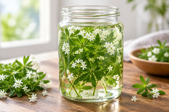 Fresh sprigs of sweet woodruff submerged in clear liquid in a jar.