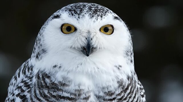 Snowy owl with open beak looking at camera.