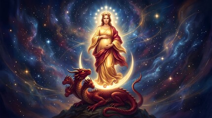 Fototapeta premium Pregnant woman standing on a red dragon in a cosmic space fantasy art composition