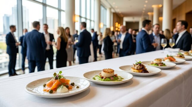 Gourmet appetizer plates served during a high-end corporate networking event and reception.