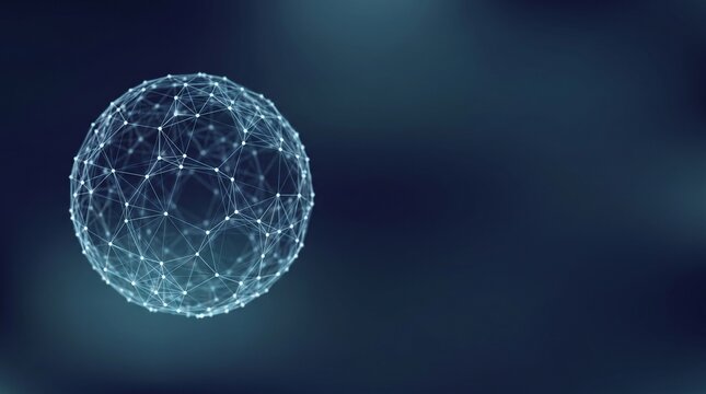 Abstract glowing wireframe sphere with interconnected nodes on dark bl