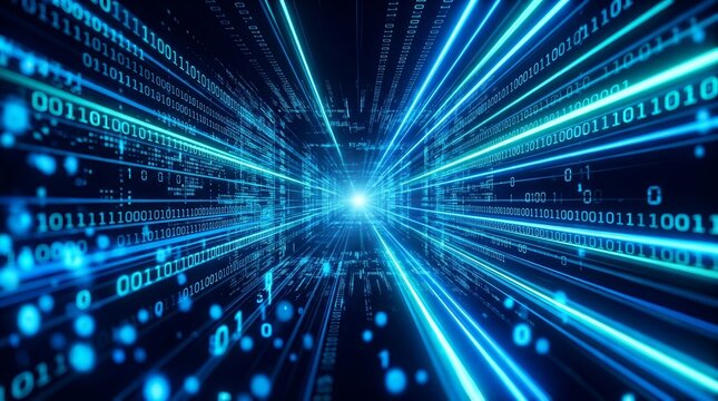 Digital data stream tunnel with binary code representing network security and technology.