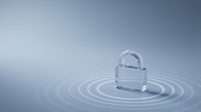 Transparent glass padlock with concentric ripples on soft blue gradien