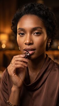 Beautiful Black woman enjoying a gourmet chocolate truffle in a luxurious setting with elegant warm lighting portrait
