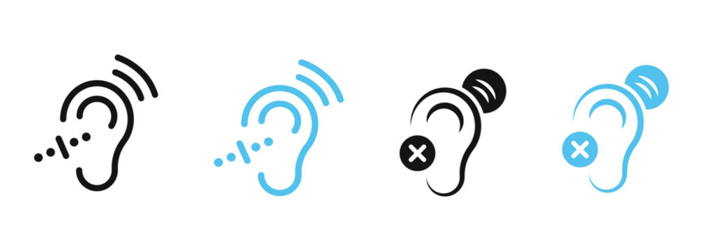Ear hearing and listening sound icons. Audio accessibility and mute volume symbols for hearing aid health. Vector illustration