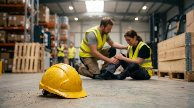 Workplace safety concept showing a construction worker helping a fallen colleague near a hard hat
