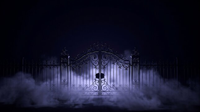Ornate old iron cemetery gate shrouded in mysterious purple fog at night, spooky Halloween graveyard concept.