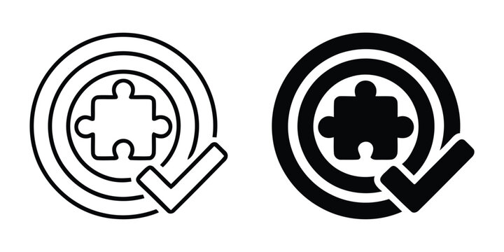 Puzzle piece icon inside a circle target with a check mark symbol for business success and problem solving concept design