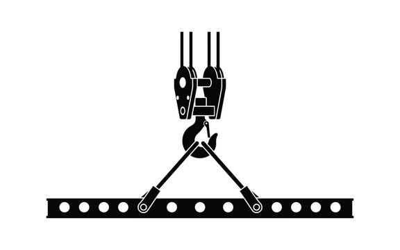Crane hook lifting a metal beam with slings